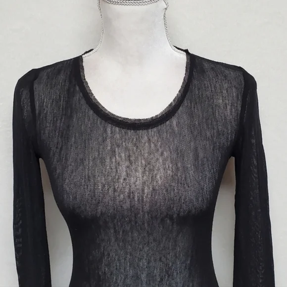 Alice & Olivia Black Sheer Mesh Satin Crewneck Long Sleeve Mini Bodycon Dress XS Long Sleeve